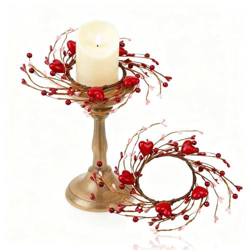 Daifunli 2 Pcs Valentine Day Candle Rings Heart and Red Berry Vintage Wood Wreath for Pillar 3.9 Inch Candles Holder for Valentines Day Table Centerpiece Wedding Kitchen Cabinets Rustic Table Decor