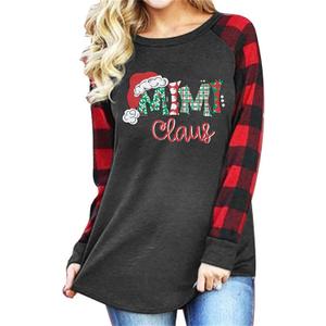 Mimi Claus Christmas Shirt Women Cute Santa Graphic T-Shirt Long Sleeve Raglan Baseball Tee Top (Medium, Grey Red)