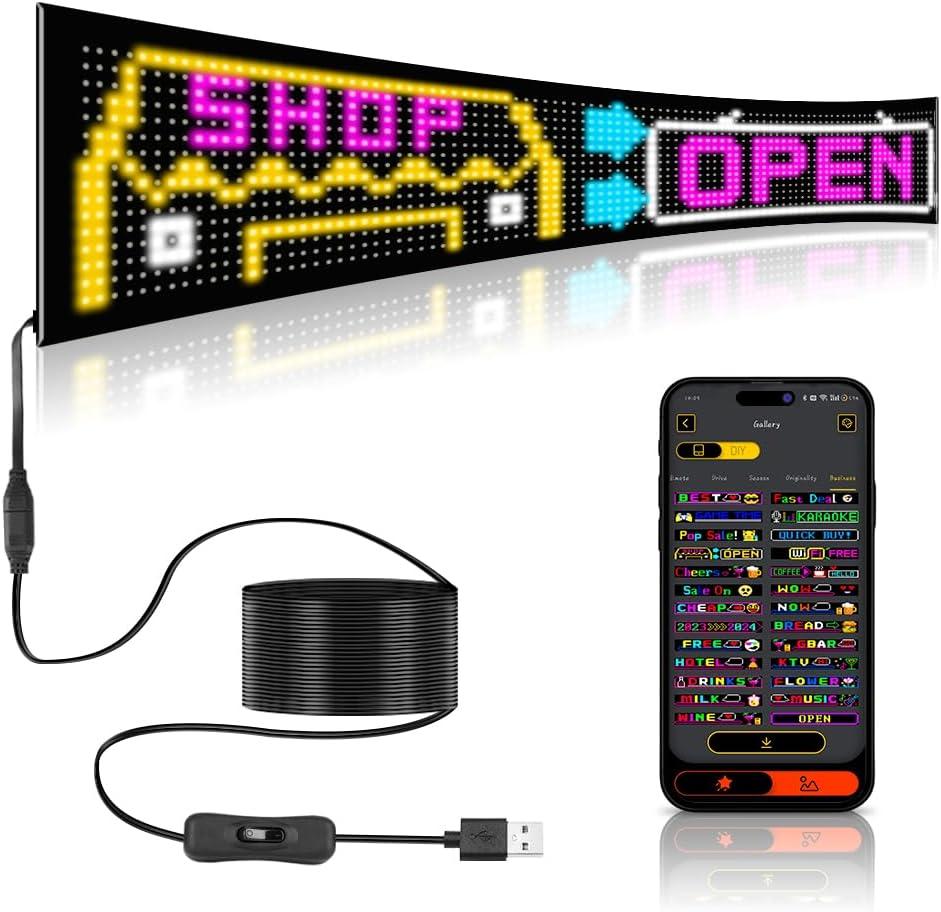 Programmable LED Sign, 35"x7.5" Scrolling Flexible Display, Bluetooth App Control, Custom Text, Patterns & Animations, USB 5V for Car, Store, Party, Bar, Hotel, Advertising Sign (Multicolor)