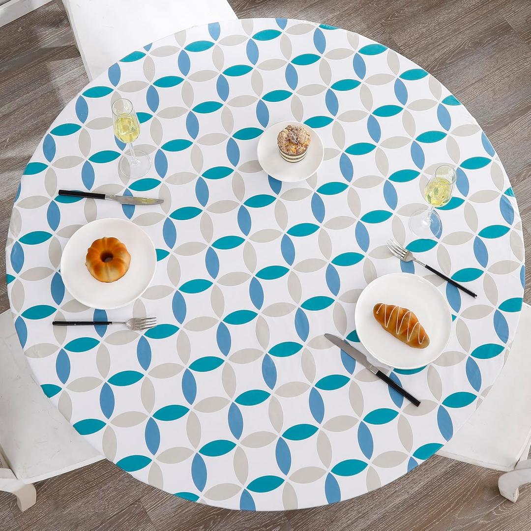 Walrus Round Vinyl Fitted Tablecloth with Flannel Backing Elastic Edge Design Table Cover Waterproof Oil-Proof PVC Table Cloth Stain-Resistant Best for 57"-66" Round