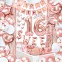 255 pcs Sweet 16 Party Decorations, 25 sets of Tableware, Sweet 16th Birthday Decorations, Rose Gold Party Decorations, 25 Tableware Sets, Balloon, Pump, Banner, Tassel Curtain for Girls