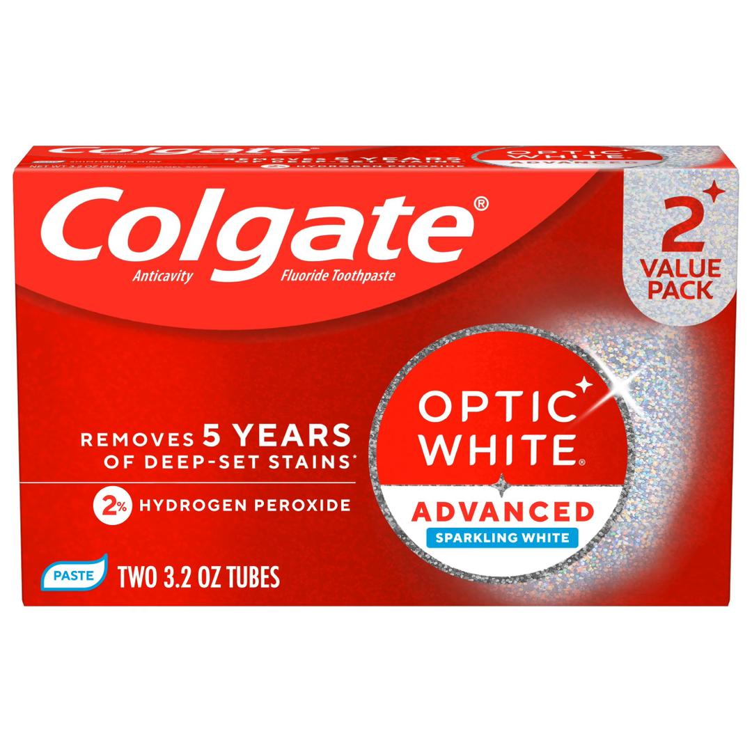 Colgate Optic White Advanced Hydrogen Peroxide Toothpaste, Teeth Whitening Toothpaste Pack, Enamel-Safe Formula, Helps Remove Tea, Coffee, and Wine Stains, Sparkling White, 2 Pack, 3.2 oz