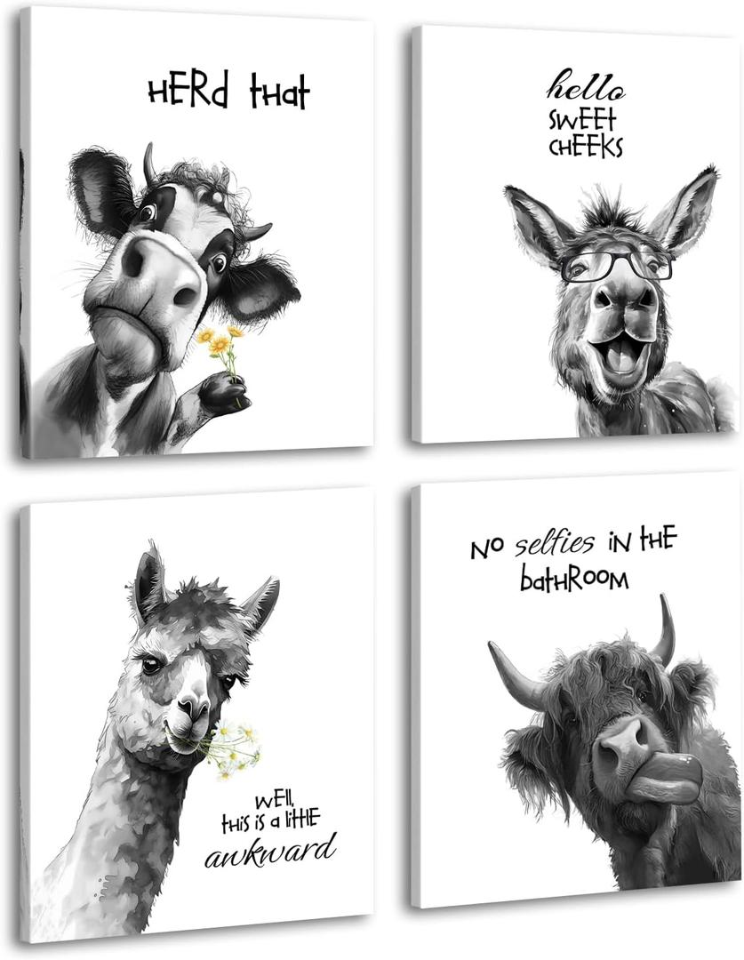 Funny Bathroom Decor Wall Art Print, Black and White Bathroom Highland Cow Donkey Art Prints,Funny Animal Bathroom Sign Bathroom Quotes Wall Decor Set of 4(8"x10"in)Framed Rustic Farmhouse Decoration