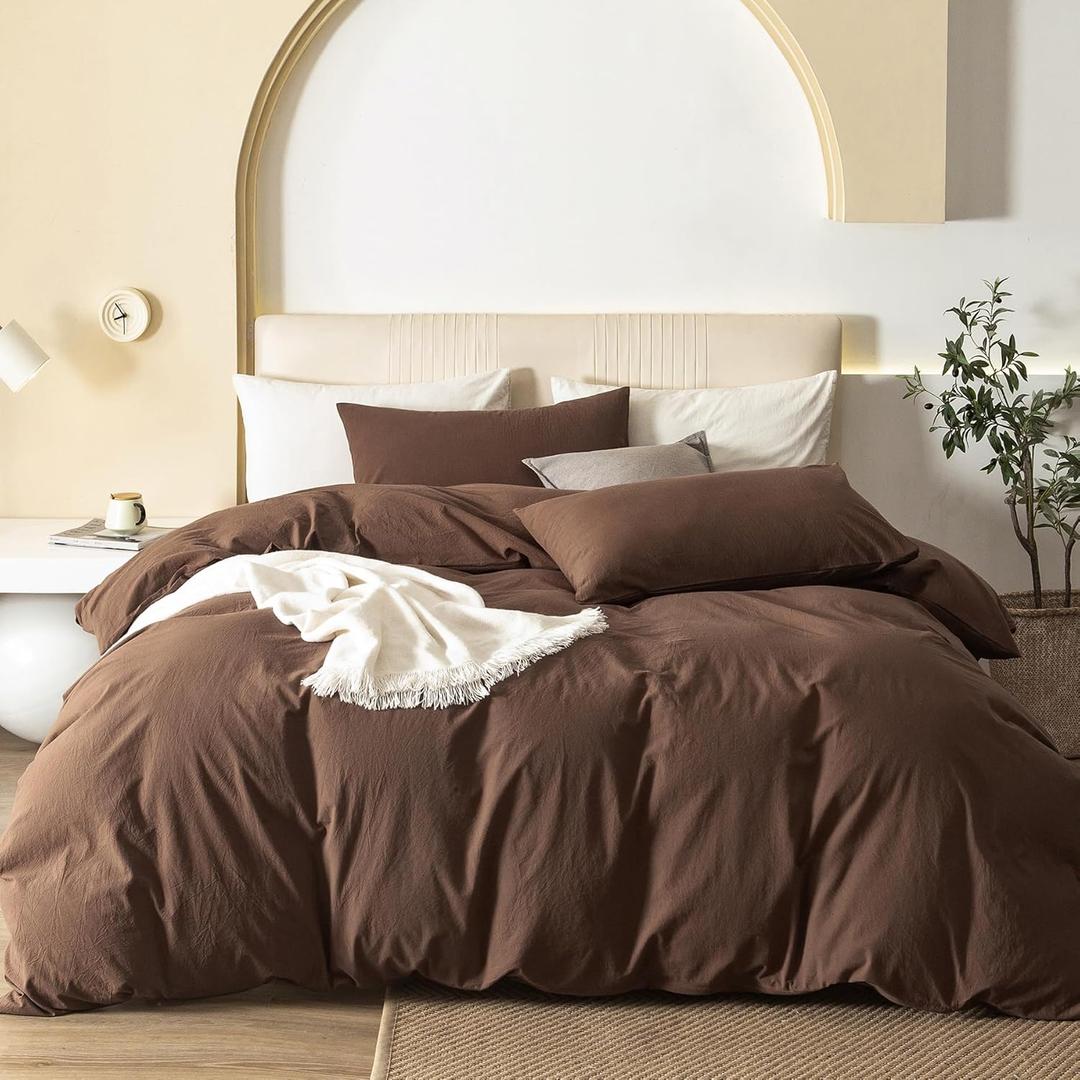 JIYUAN Queen Size Duvet Cover Set, 3-Piece - 100% Washed Cotton, Linen-Like Soft & Breathable with Zipper Closure, Includes 90x90 Inch Cover & 2 Pillowcases, Solid Chocolate Brown