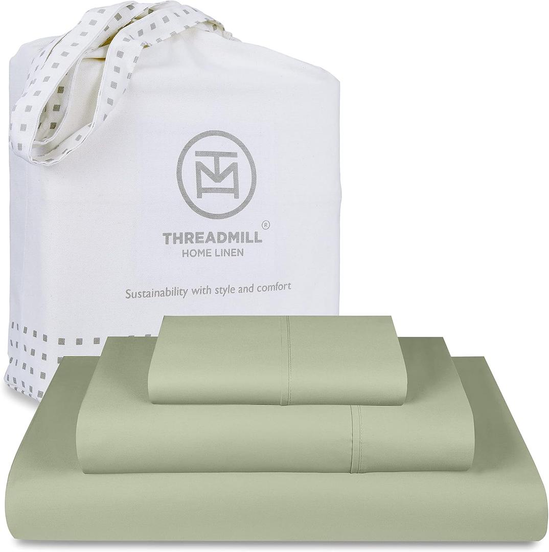 Threadmill 100% Cotton Sheets for Twin XL Size Bed - 600 Thread Count Twin XL Bed Sheets Set with 15 Deep Pocket - Sateen Weave 3-Piece Bedding Set with Cooling Effect, Sage Green