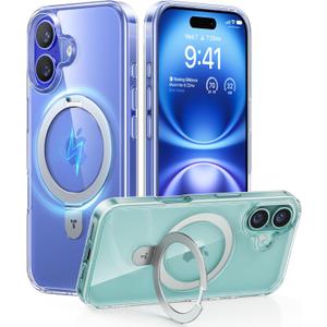 TORRAS Magnetic for iPhone 16 Case with Stand, Built-in Stand Compatible with MagSafe, 3X Military-Grade Protection, Translucent Slim Phone Case for iPhone 16 6.1'', Crystal Clear