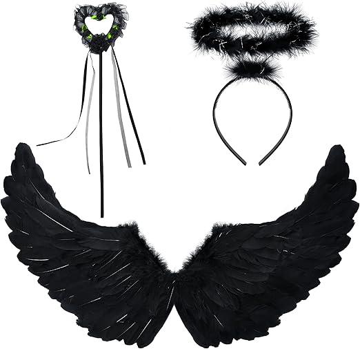 REDSTAR FANCY DRESS 3pc Dark Angel Costume for Women - Black Angel Wings, Angel Halo Headband and Fairy Wand Angel Accessories for Fallen Angel Costume Women - Angel Halloween Costumes for Women