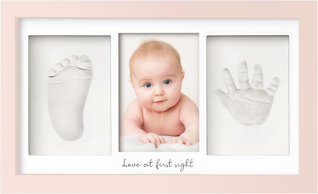 Baby Hand and Footprint Kit - Clay Handprint Keepsake Frame, Newborn Nursery Picture Frame, Personalized New Mom Gifts for Baby Shower & Registry (Petal Pink) (Duo Frame, 13" x 7.9")