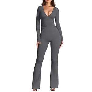 OQQ Women Jumpsuits Long Sleeve Deep V Neck Ruched Flared Jumpsuit Dark Grey, S
