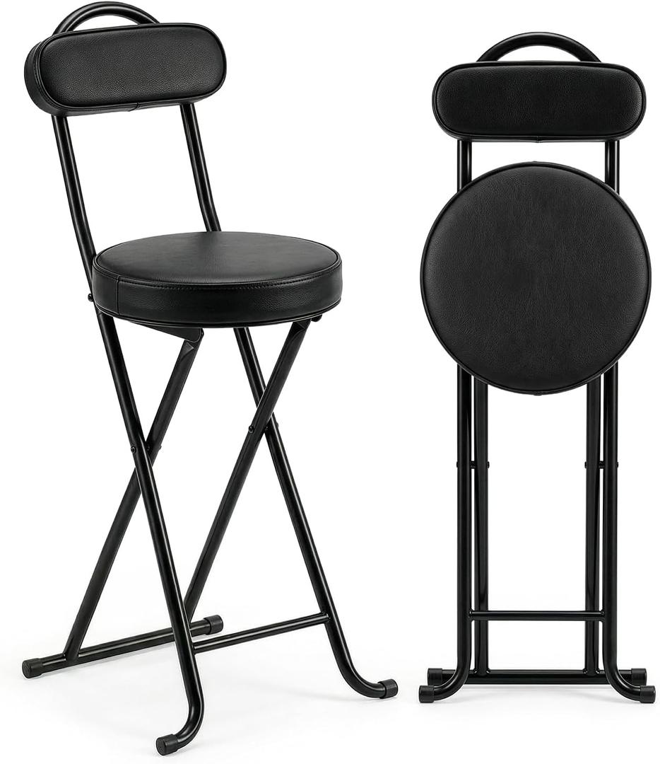 Folding Stool,24 Inch Portable Folding Bar Stool Chair with Backrest,Foldable Collapsible High Stools with Handle for Adults Kitchen Island,Black,1Pcs, Set of 1;24"