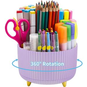 Marbrasse Desk Organizer, 360-Degree Rotating Pen Holder, Desk Organizers and Accessories with 5 Compartments Pencil Holder, Art Supply Storage Box Caddy for Office, HomePurple