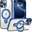 Compatible with iPhone 16 Pro Max Case with Magnetic Ring Stand [Compatible with Mag-Safe] [Full Camera Lens Protector] Plating Clear Phone Case for iPhone 16 Pro Max 6.9", Blue