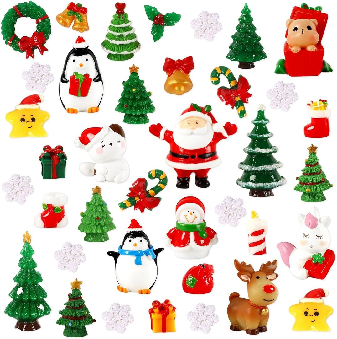 56Pcs Miniature Christmas Figurines, Xmas Mini Resin Figures Santa Elk Penguin Snowflake Tiny Ornaments for Snowglobe DIY Christmas Village Dollhouse Decor