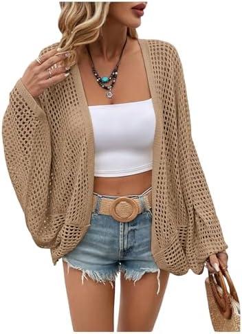 Verdusa Women's Oversized Summer Cardigan Lightweight Sweater Crochet Knit Beach Cover Up Spring Vacation Outfits, Apricot Small