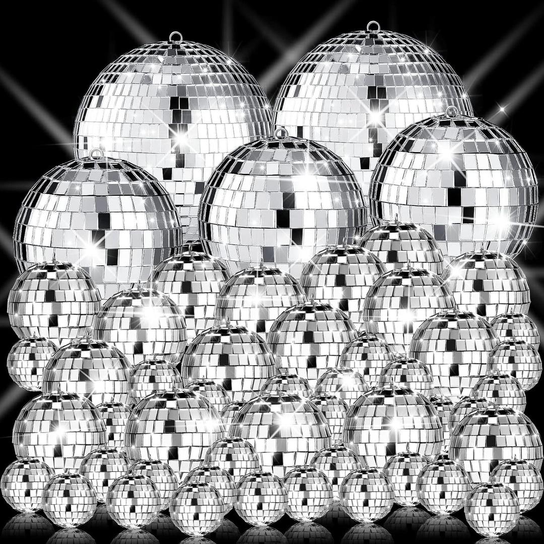 Sumind 50 Pcs Disco Balls Decor Silver Mirror Disco Balls Hanging Decor Assorted Reflective Wedding Dance Music Festivals for Christmas Stage Club Ballroom Hall Prop (1.2'',2'',3.2'',4'')