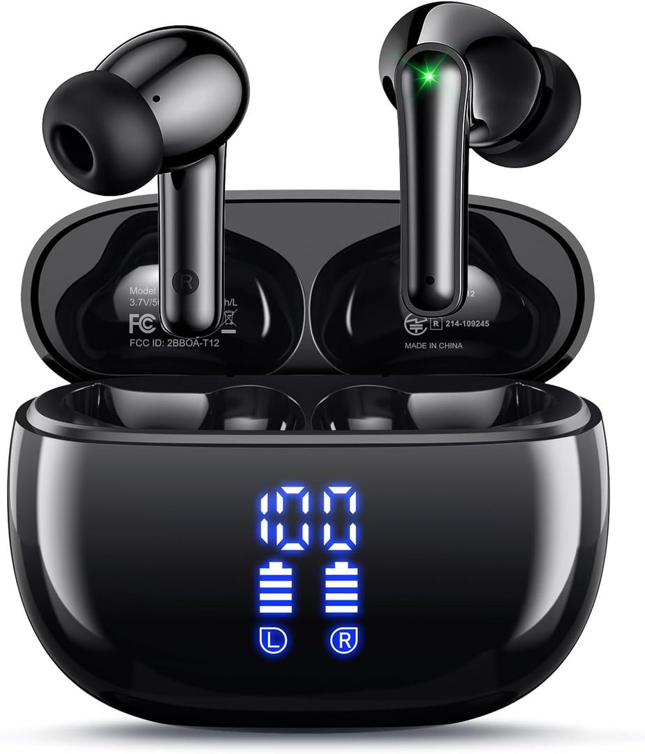 Wireless Earbuds Bluetooth Headphones, Ear Buds with Deep Bass, 40H Long Playtime, LED Power Display, IP7 in Ear Earphone with Mic for iPhone Android Phone Sports Workout, Black