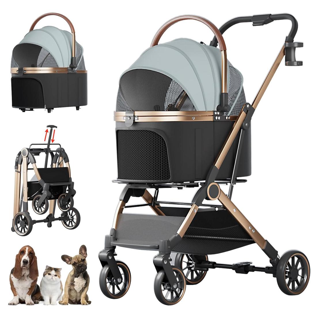 4 Wheels Pet Stroller for Small Medium Dogs Cats Up to 45 lbs Folding Dog Stroller with Detachable Breathable Carrier Suitable for Car Seat, Hand Carry & Travel, All Terrain, 3 in 1 Multifunctional (Grey)