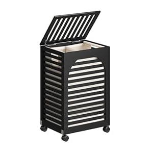 Black Laundry Hamper with Wheels, Laundry Basket with Lid, 22.5 Gallon (85L) Bamboo Wood Clothes Laundry Hamper 2 Section with Handles, Removable Liner