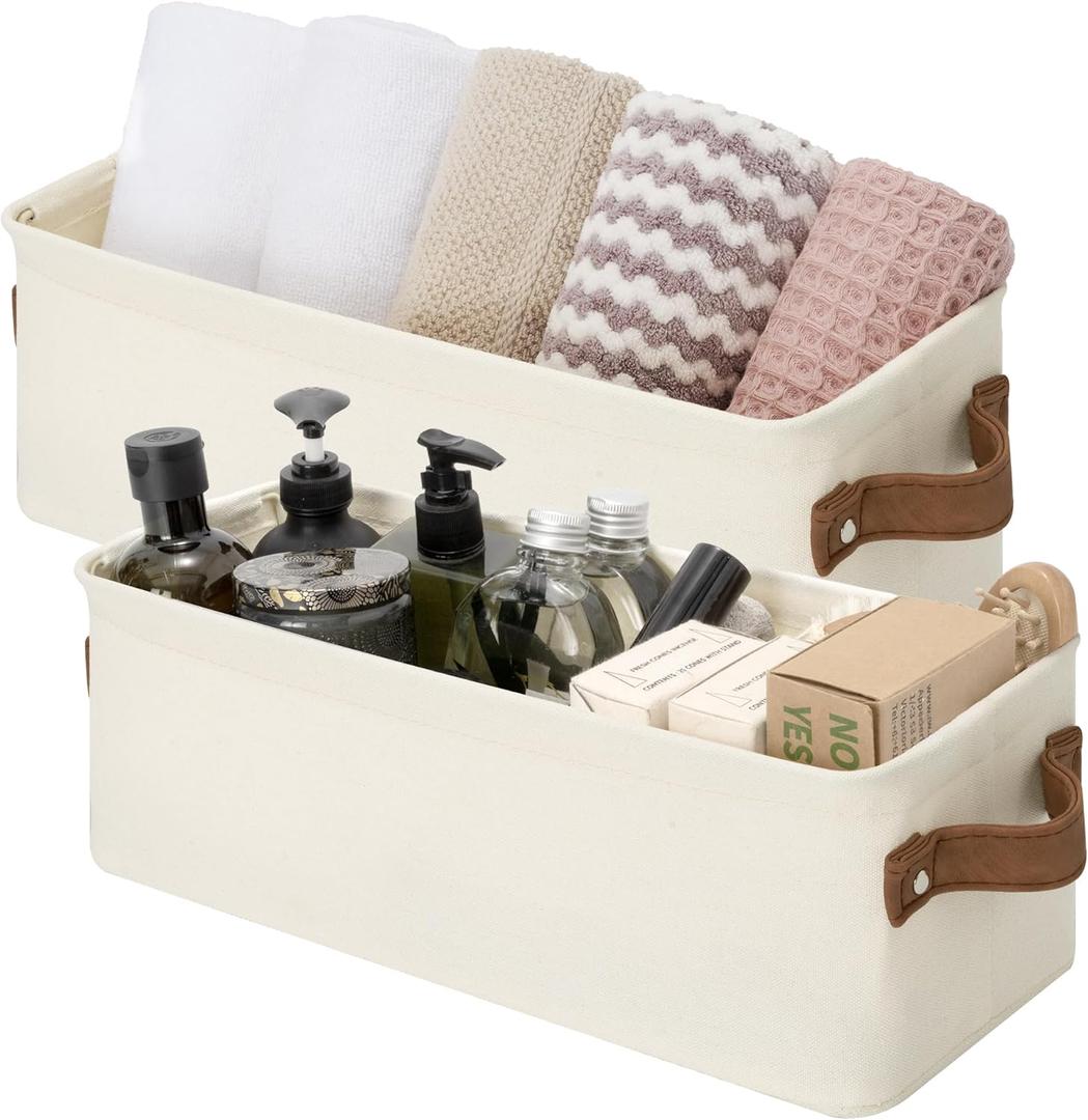StorageWorks Narrow Storage Bins, Small Basket for Closet and Shelves, Fabric Organizer with Handles, Toilet Paper Storage, Natural Color, 2-Pack (15"L x 6"W x 5"H)