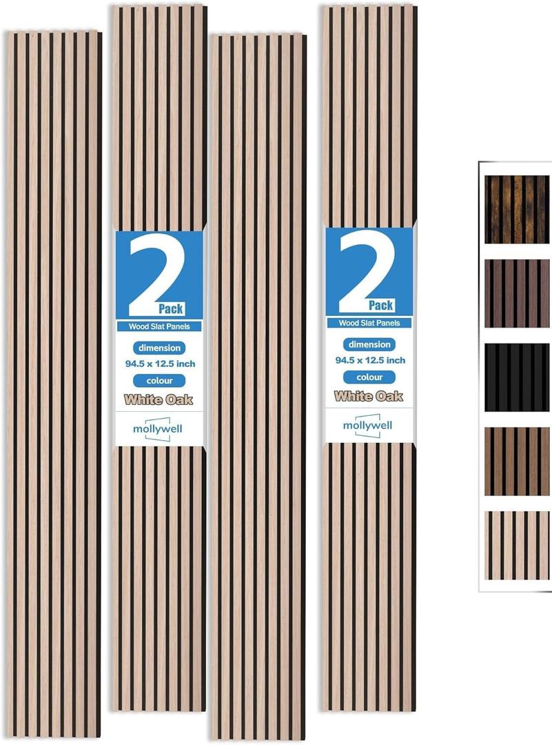 Mollywell Wood Panels for Wall, Time-Saving Installation, Versatile Wood Slat Wall Decor, Enhanced Acoustic & Sound Proof Fluted Design for Home & Office, 2 Pcs White Oak, 94.5x12.5 Inch