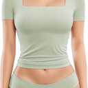 MANGOPOP Women's Square Neck Top Double Lined Short Sleeve Long Sleeve T Shirt Fitted Seamless Tee (Green, XXL)