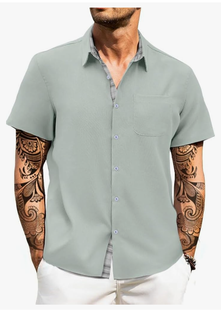 HUNGSON Men's Button Down Shirts Short Sleeve Casual Shirts Summer Beach with Pocket S