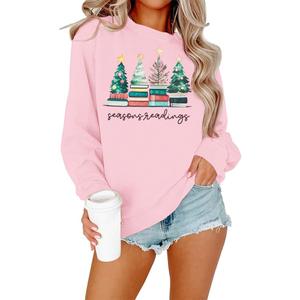 Christmas Sweatshirts for Women All Booked Christmas Sweater Funny Merry Sweatshirt Xmas Holiday Long Sleeve Pullover (Pink, S)