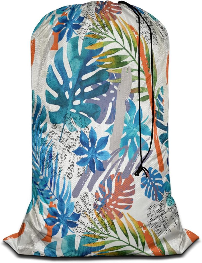 Swono Tropical Leaf Large Laundry Collapsible Laundry Bag Summer Exotic Brush Strokes Foldable Laundry Hamper Bag, Machine Washable, Oxford Cloth, Colorful (28x40 Inch)