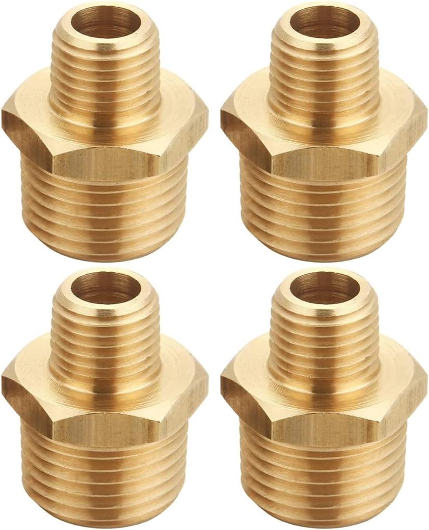 1/2 Inch Male to 3/8 Inch Male NPT Adapter, Brass Reducing Hex Nipple, Thread conforming to an outer diameter thread of 3/4" (0.75) to 5/8" outer diameter, Pack of 4