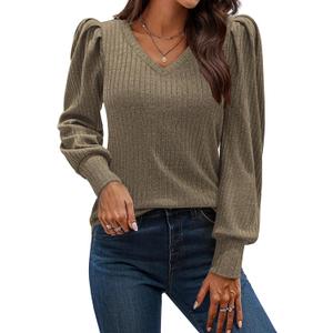 HOTOUCH Women's Knit Shirt Soft Puff Long Sleeve Blouse Tops Lightweight V Neck Tunic XS-XXL (L)