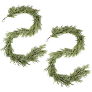 WBHome 2pcs Real Touch Cypress Cedar & Pine Cone Evergreen Garland for Christmas Holiday Seasonal Outdoor/Indoor Home Decor, 9FT Long