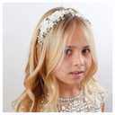SWEETV Flower Girl Headpiece Ivory Tulle Flowers Wedding Headband for Girls, Princess Pearl Hair Accessories for Birthday Party, First Communion