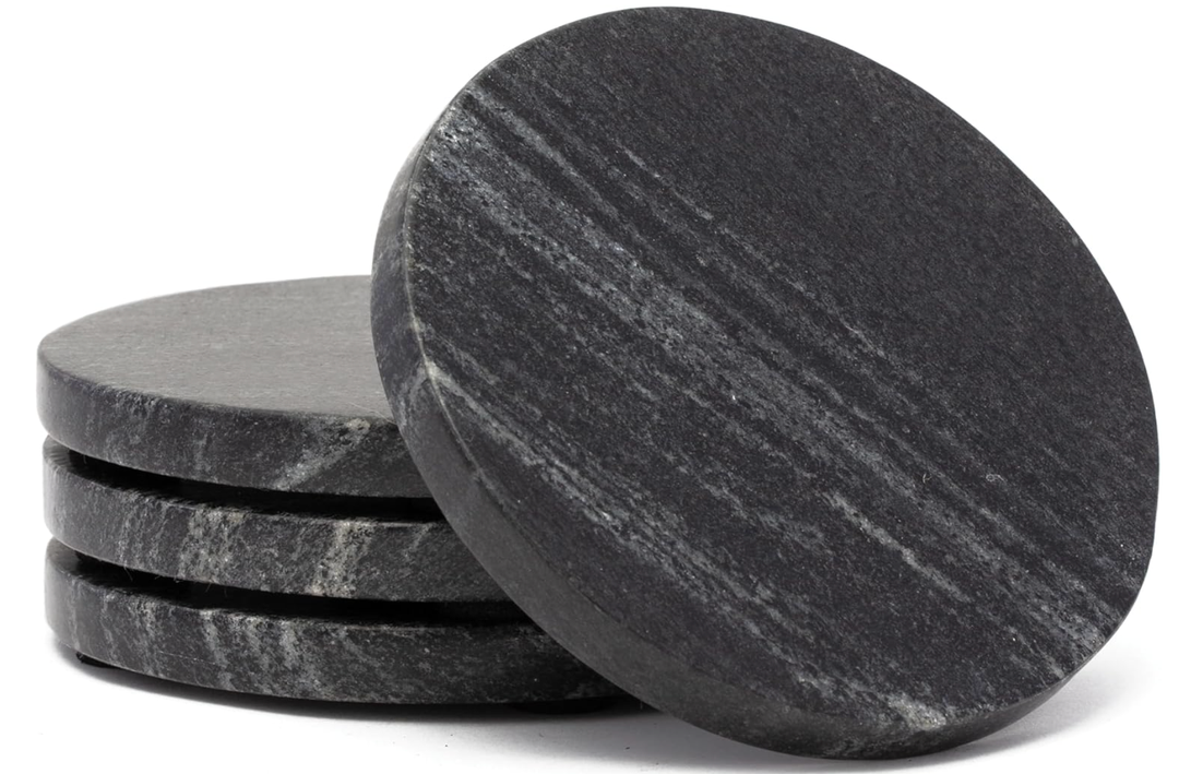 Thirstystone 4 Pack Natural Black Marble Round Coasters with Protective Felt Feet on The Bottom 4" Diameter Elegant Heat Tolerant Easily Wipes Clean