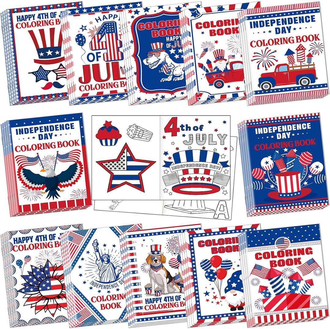 Fulmoon 48 Pcs 4th of July Coloring Books Holiday Activity Supplies Art Creativity Assorted Independence Day Memorial Day Party Favors, DIY Patriotic Color Booklets Gifts