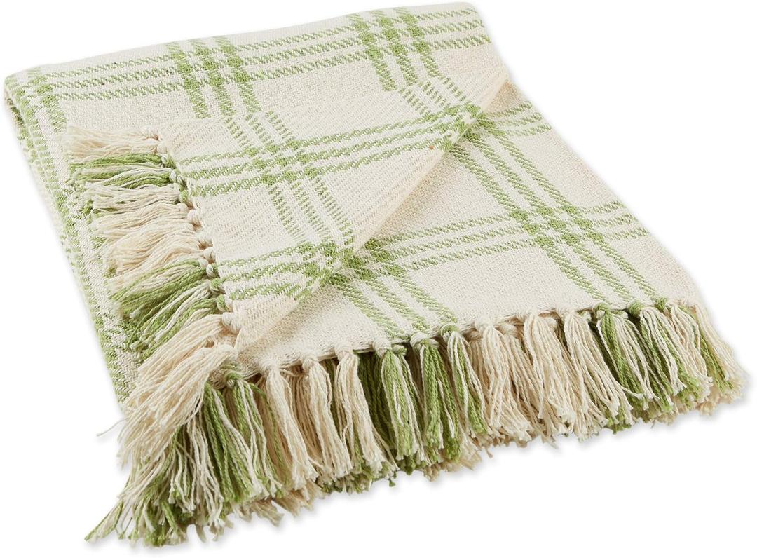DII Modern Farmhouse Plaid Collection Cotton Fringe Throw Blanket, 50x60, White/Antique Green