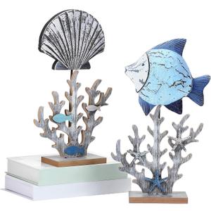 Novabright 2 Pcs Wooden Coral Fish Table Decor Summer Ocean Centerpieces for Tables Standing Coral Statue with 3D Starfish Seashell for Nautical Shelf Coastal Beach Home Decoration Marine Themed Gift