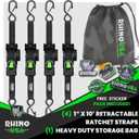 Rhino USA Retractable Ratchet Straps (4-Pack) - 1 Inch x 10 Feet (1,209lb Break Strength) - Auto Self Retracting Tie Down Straps for Truck, Cargo Trailer, Motorcycle, ATV, UTV - Black