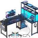 Casaottima Gaming Desk with Power Outlets & LED Lights, 43 Inch Reversible L Shaped Computer Desk with Shelves & Storage Bag, Corner Desk for Home Office, Black