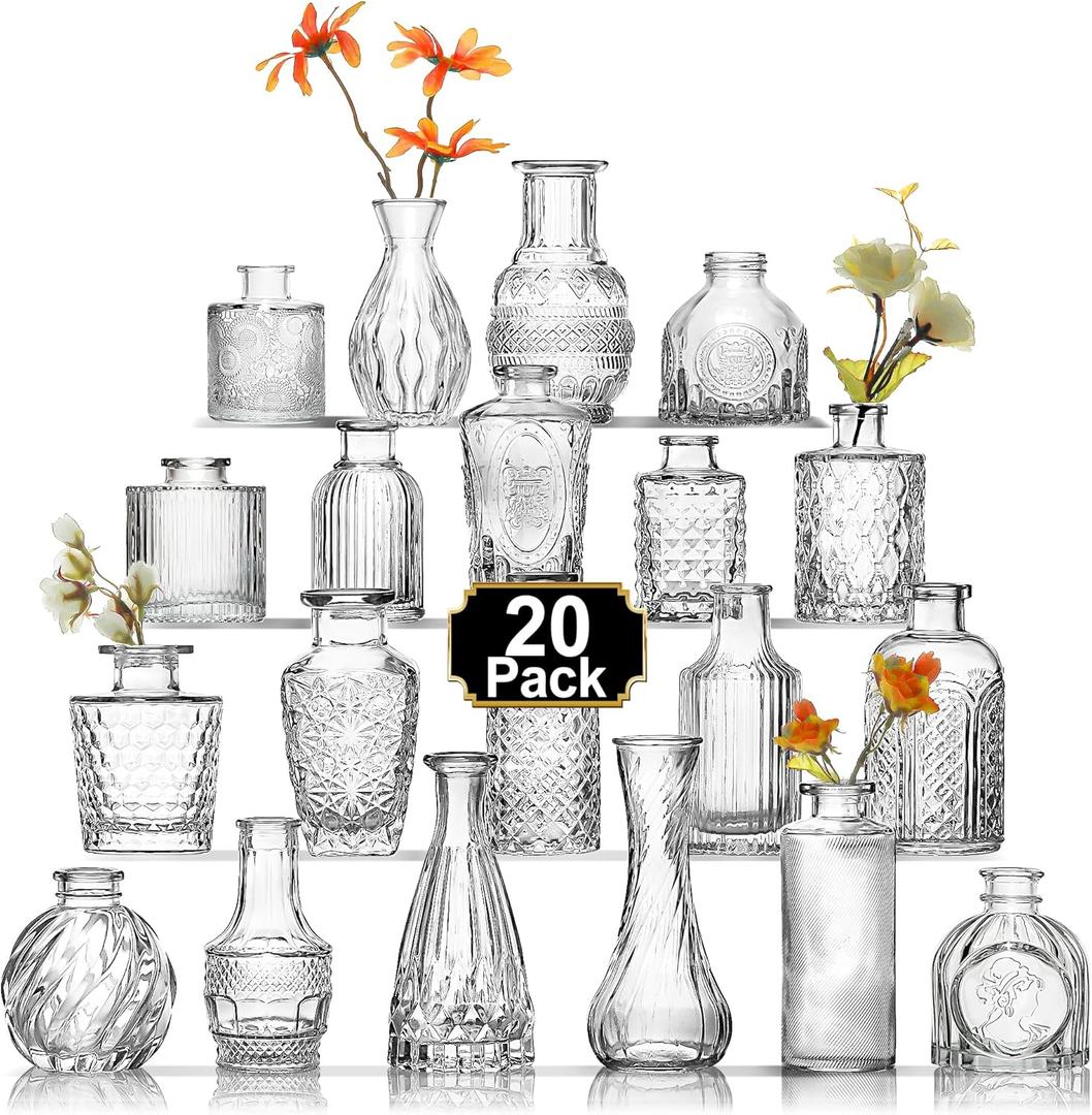 Arme 20 Pcs Bud Vase Set, Mini Vases for Flowers, Small Vintage Glass Vase for Centerpieces, Cute Clear Bud Vases for Home Flower Wedding Decorations (20 Pcs, Clear-20pcs)