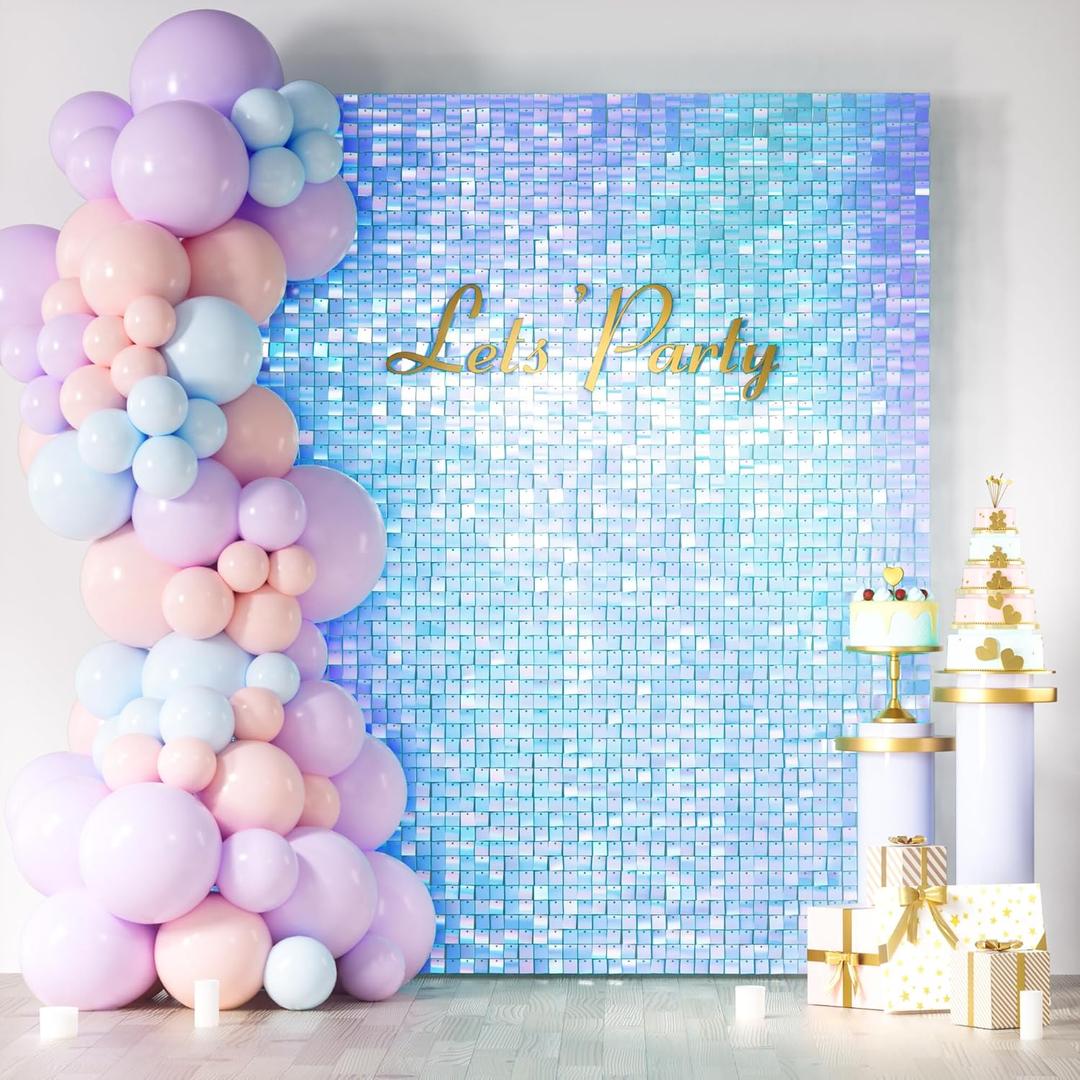 COKAOBE Rainbow Blue Shimmer Wall Backdrop 24PCS Square Sequin Shimmer Backdrop Panel, Photo Backdrops for Birthday, Anniversary, Wedding, Graduation & Bachelorette Party Decoration