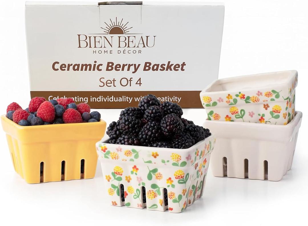 BIEN BEAU Ceramic Berry Basket, Farmhouse Colander, Farmers Market square Bowl. Rustic Kitchen decor fruit bowls, Fruit Baskets, Yellow, White and floral pattern Stoneware Harvest Bowls Set of 4