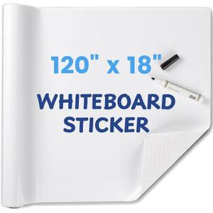 Whiteboard Sticker for Wall, 120" x 18" No Ghosting Peel and Stick Dry Erase White Board Roll, Stain-Proof Self-Adhesive Whiteboard Paper for Home, Office, Classroom, Included Marker