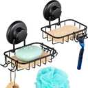HASKO 2 Pack Suction Cup Soap Dish for Shower Wall, Rustproof Stainless Steel, Shower Soap Holder with Hooks, Includes Optional No Drill Adhesive Mount for Bathroom, 2 Soap Savers, Black