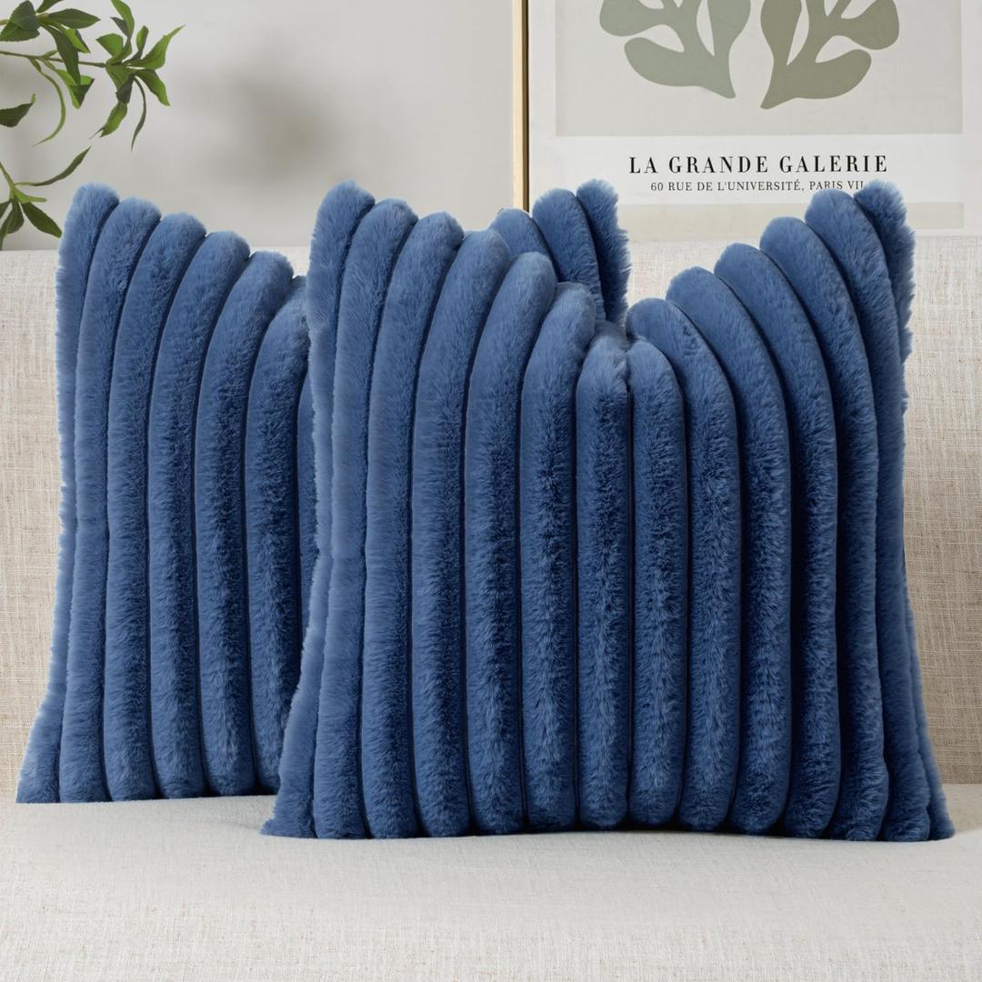 MIULEE Faux Fur Decorative Throw Pillow Covers 18x18 Inch Set of 2, Coastal Modern Art Home Decor Soft Plush Couch Pillows Cozy Fluffy Cushion Covers for Sofa Bed Navy Blue