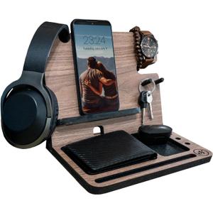 Namore Wood Phone Docking Station for Men – Nightstand & Desk Organizer with Valet Tray for Wallet, Watch & Keys – Bedside Organizer Gift for Husband or Dad