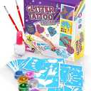 Original Stationery 33-Piece Glitter Tattoos Set, Face and Skin-Friendly with 24 Stencil Designs, 6 Colorful Cosmetic Glitters, 2 Brushes and Body Adhesive, Easter Sleepover Party Supplies for Girls