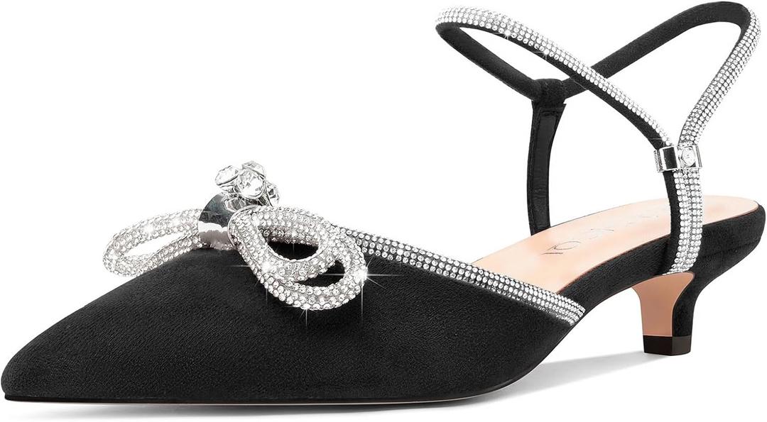 Aachcol Womens Close Toe Rhinestone Bow Kitten Heels Pointed Toe Low Heel Bow Pumps Adjustable Ankle Strap Bridal Prom Wedding Dress Shoes (8.5, Black)