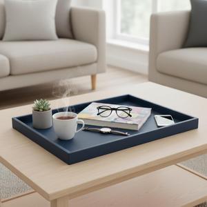30 * 16 Inch Rectangular Ottoman Tray | Textured PU Leather, Waterproof & Heat-Resistant Storage for Coffee/Dining Tables, Sofa, Bed, Entertainment & Party (Navy Blue, 30 * 16in)
