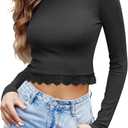Womens Long Sleeve Crop Shirts Ribbed Slim Fit Tops Lace Crop Top Sexy Y2K Tee Shirts Crew Neck Fall Going Out Tees (Black, XS)