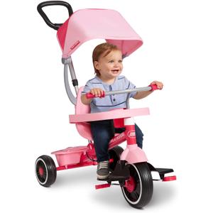 Radio Flyer Stroll N Trike Grows with Child, Converts from Parent Steering to Pedaling for Ages 1-5, Features Safety Harness, UV-Protection Canopy, Cup Holder, Toy Storage, and More